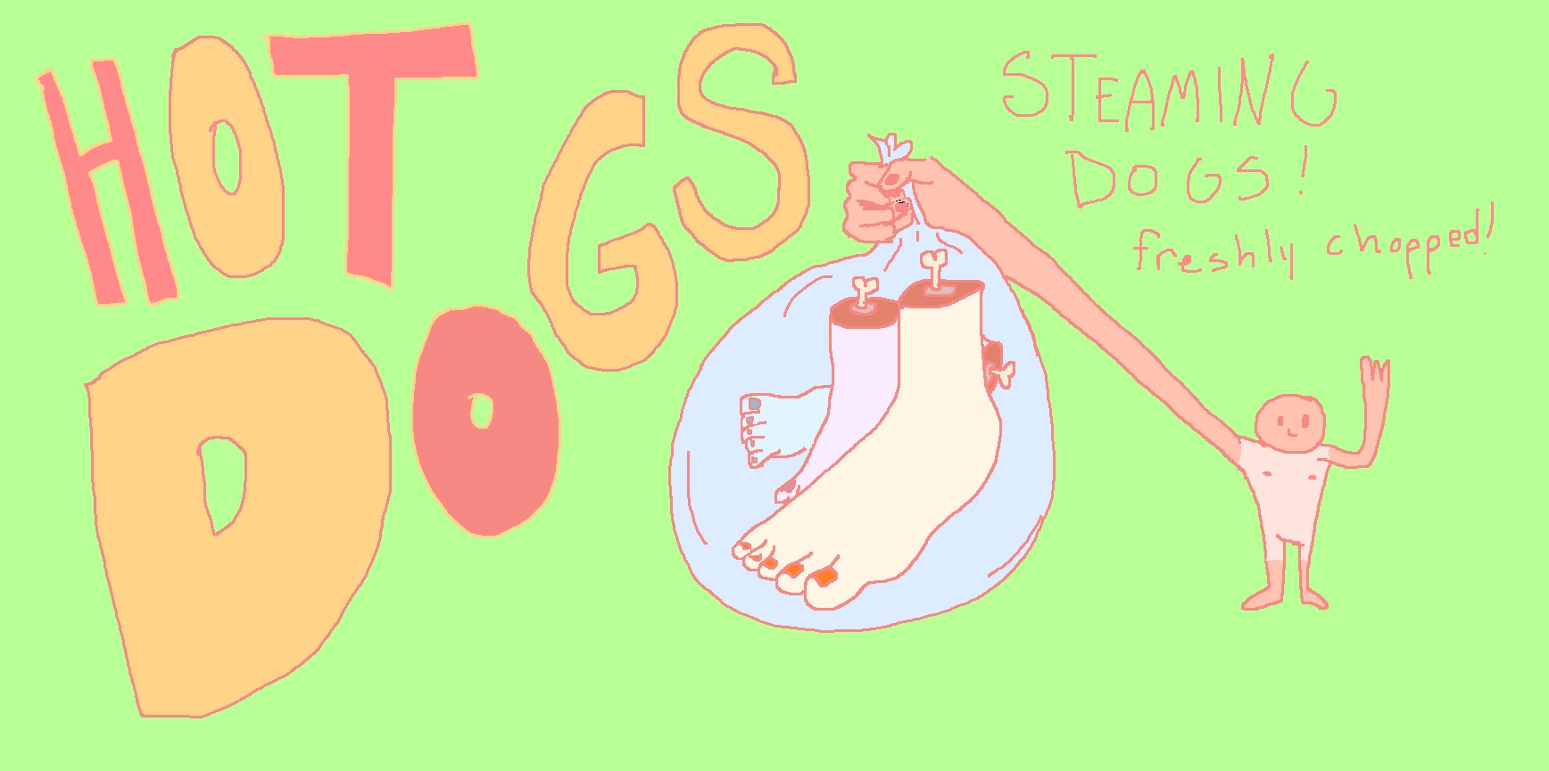 little guy holding out a bag of feet with the caption 'Hot Dogs!'